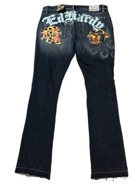 NWT Ed Hardy Stacked Boot Denim Jeans with Graphic Back Pockets Size 38